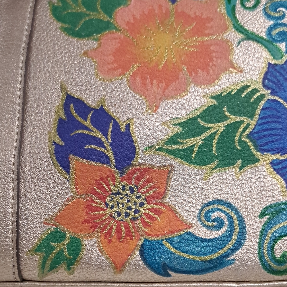 Hand Painted Gold Satchel Purse Bag with Floral Design - Picture 8 of 17